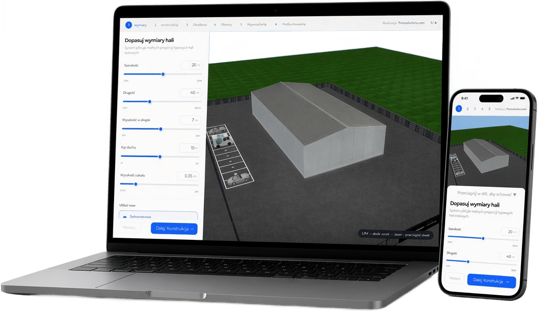 Konfigurator 3D hali magazynowej — laptop i telefon